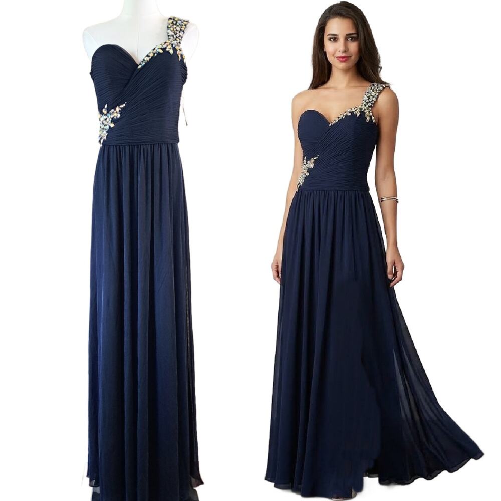 NEW XSCAPE One Shoulder Rhinestone Pleated Chiffon Gown Formal Dress Size 8
